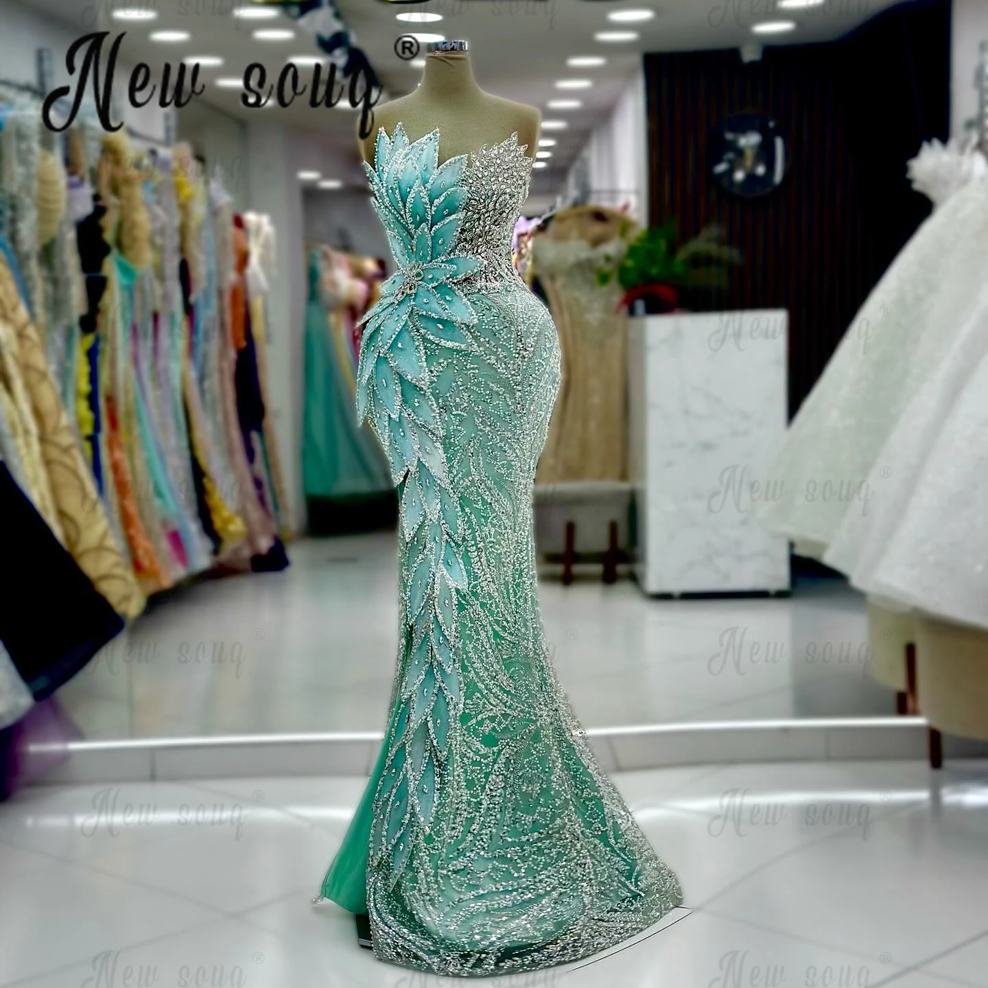 Crystal Leaf Mint Green Prom Dresses Side Split Mermaid Bespoke Occasion Dresses For Wedding Vestidos De Fiestas Elegantes Mujer