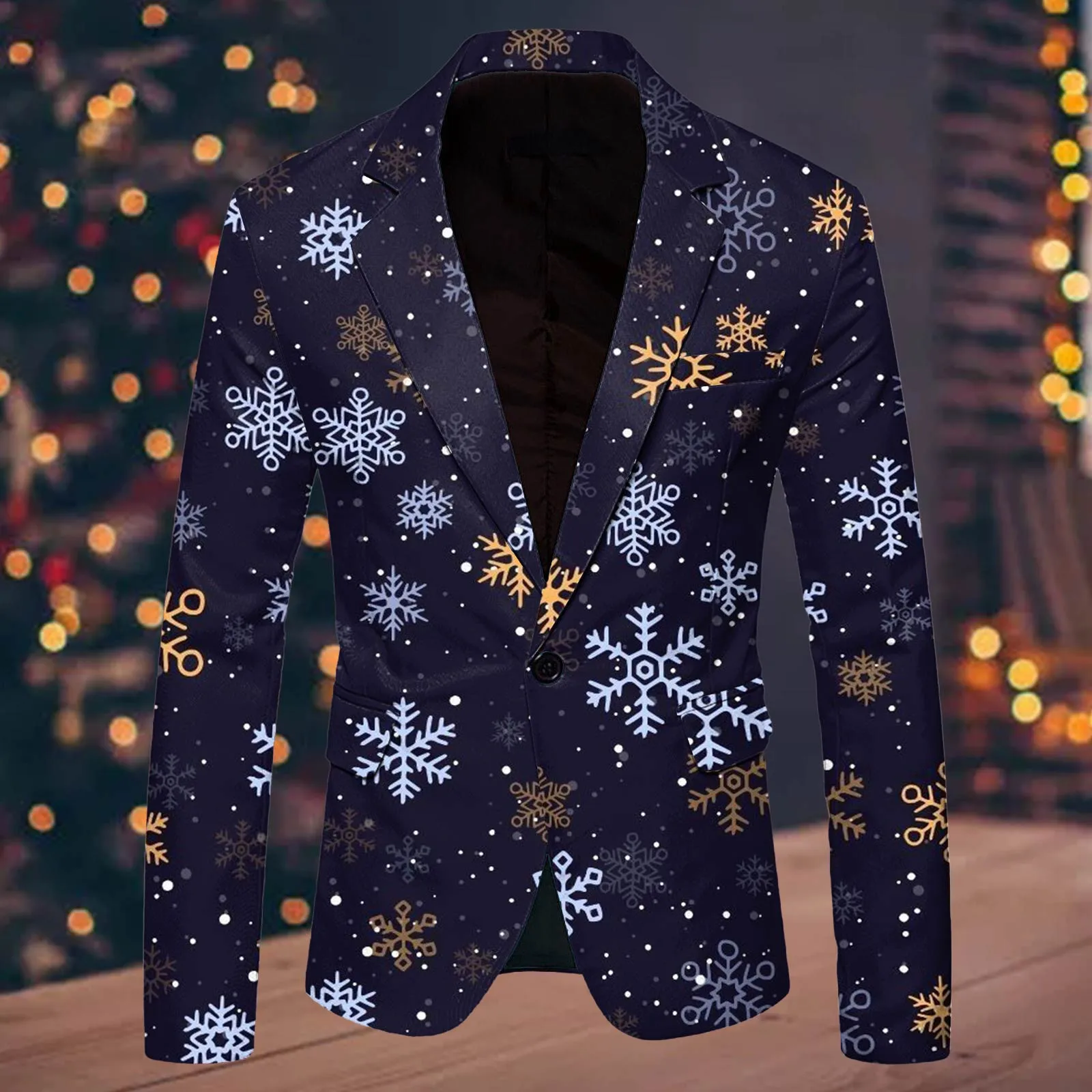 Snowflake Pattern Christmas Blazer Jacket Men Fashion Leisure Christmas Printed Pocket Singel Button Jacket Mens Party Clothing