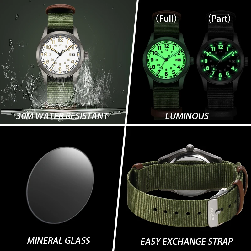 2026 TPW Women's Field Watch 34mm Case Easy Read Fabric Strap 24hr Display Day Function Quartz Movement Luminous