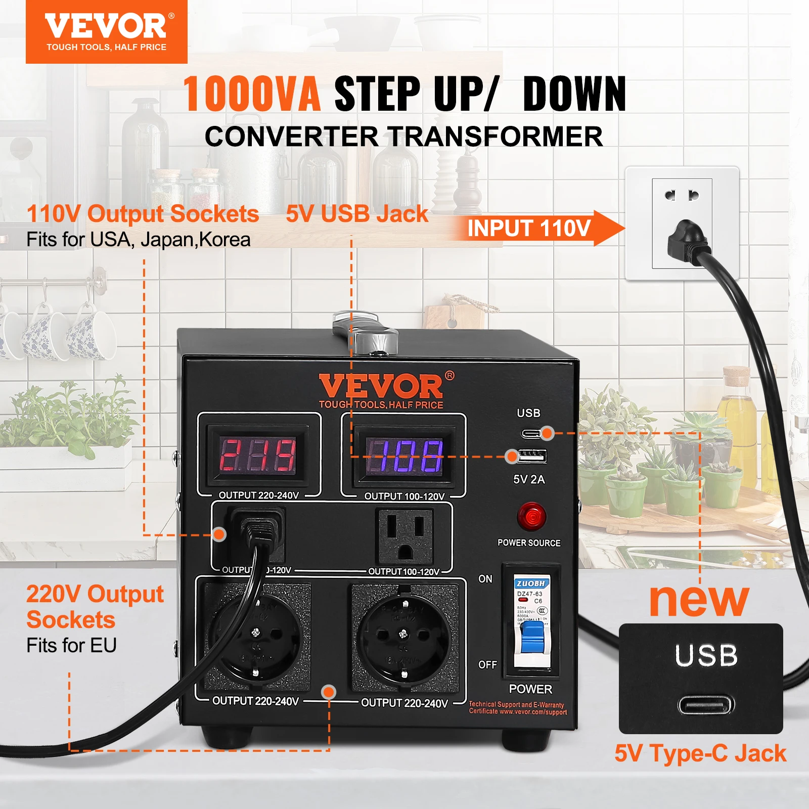 VEVOR Power Converter 1000W Durable Step Up/Down Unit Switches Includes US and EU Outlets plus 5V USB CE Approved