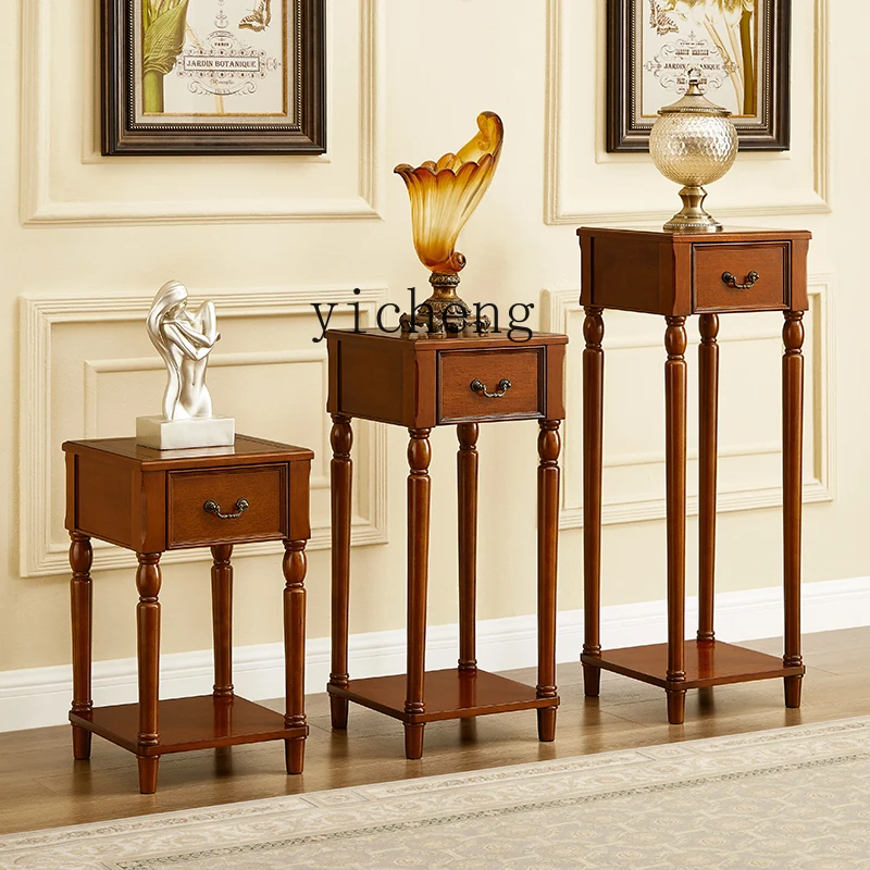 Zws. Solid wood flower stand Living room rack with drawer Vintage style flower pot stand Floor type