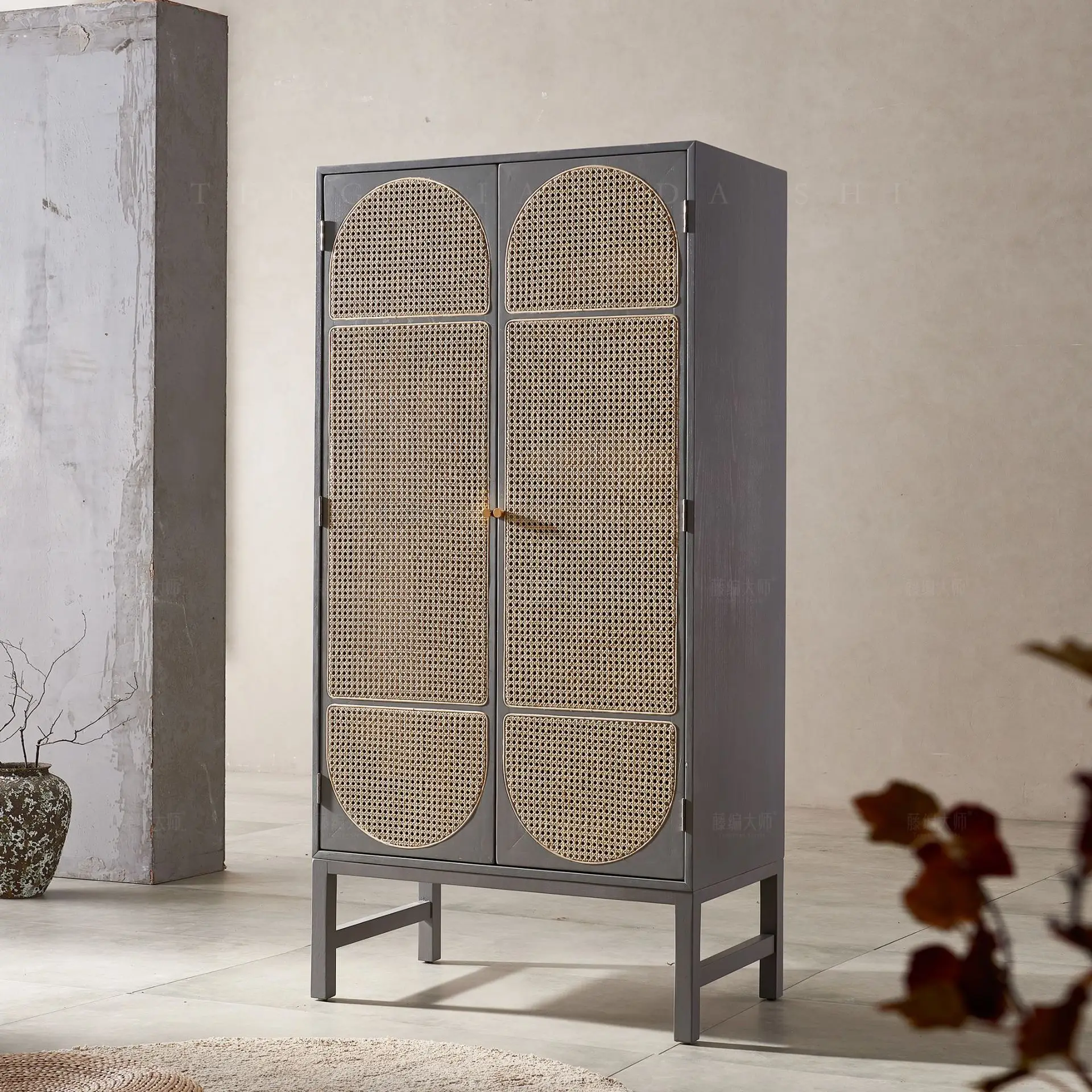 

Nordic solid wood rattan wardrobe storage locker simple modern retro cabinet bed and breakfast bedroom double door