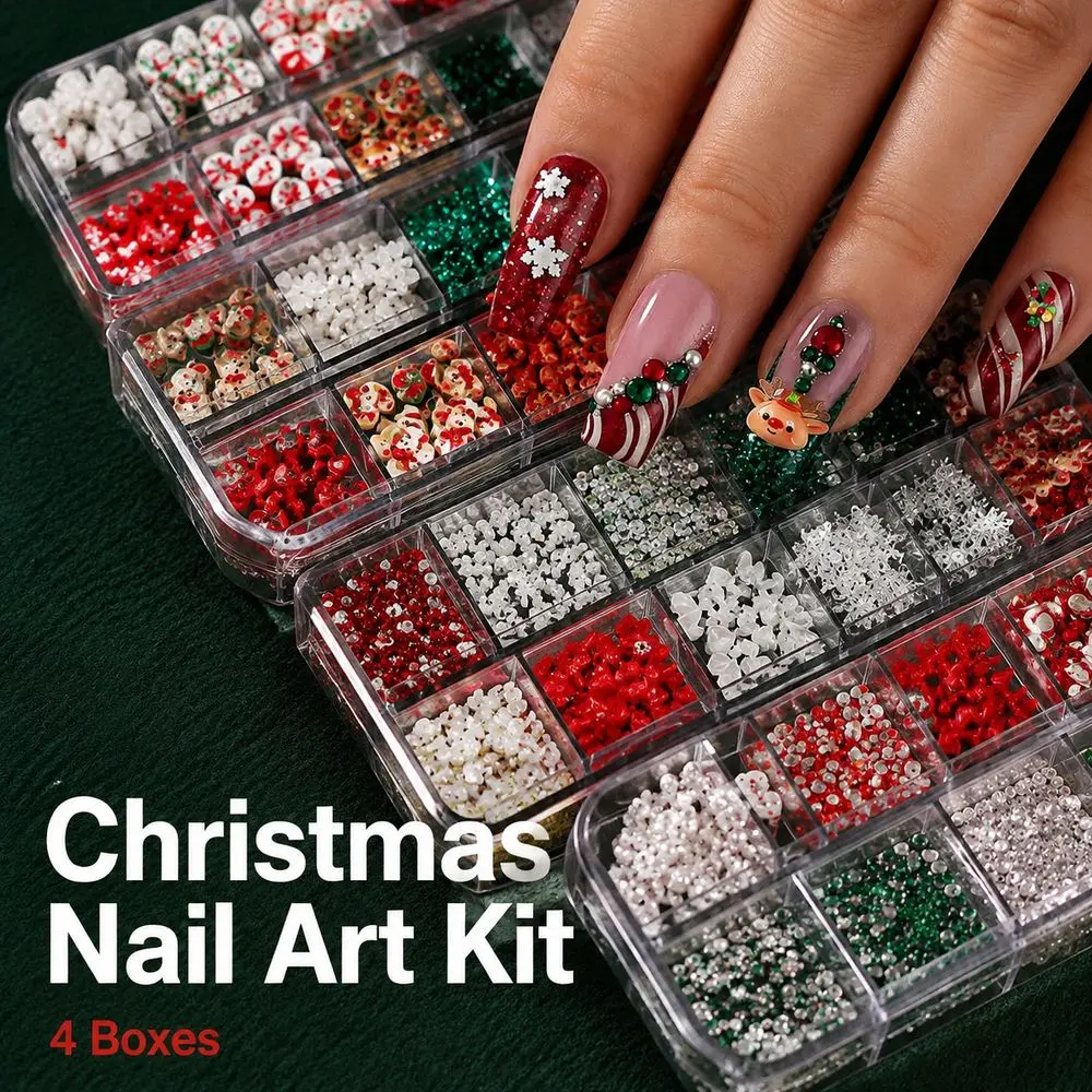 4Box/Set Xmas Mixed Nail Decor Kit Resin Santa Gingerbread Reindeer Snowflake Bow Rhinestone Beads For Party Manicure Projects