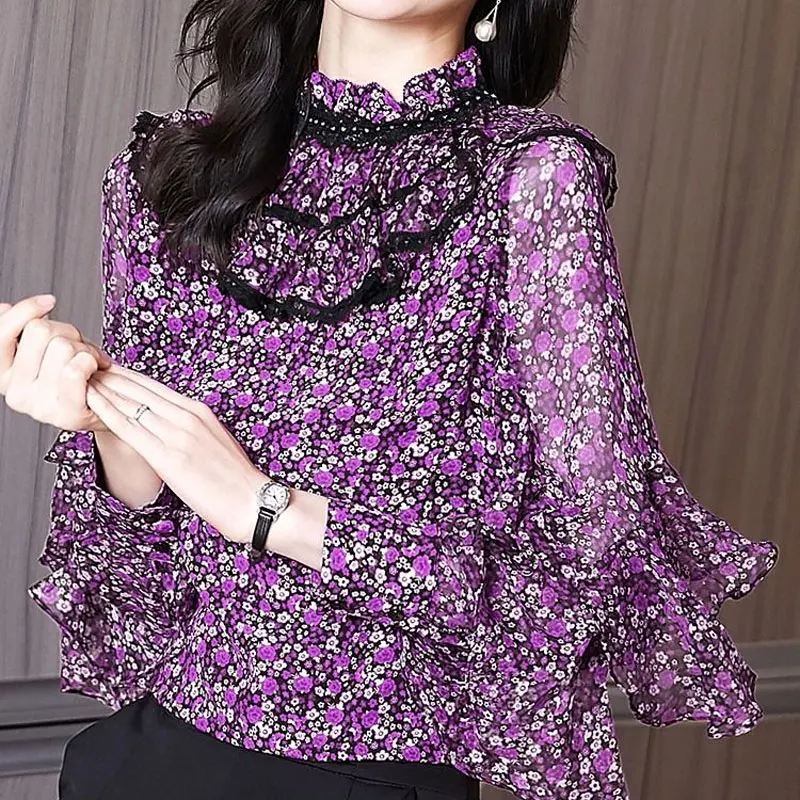 Vintage Broken Flowers Printed Shirt Female Clothing Stand Collar Lace Spring Autumn Long Sleeve Stylish Ruffles Spliced Blouse