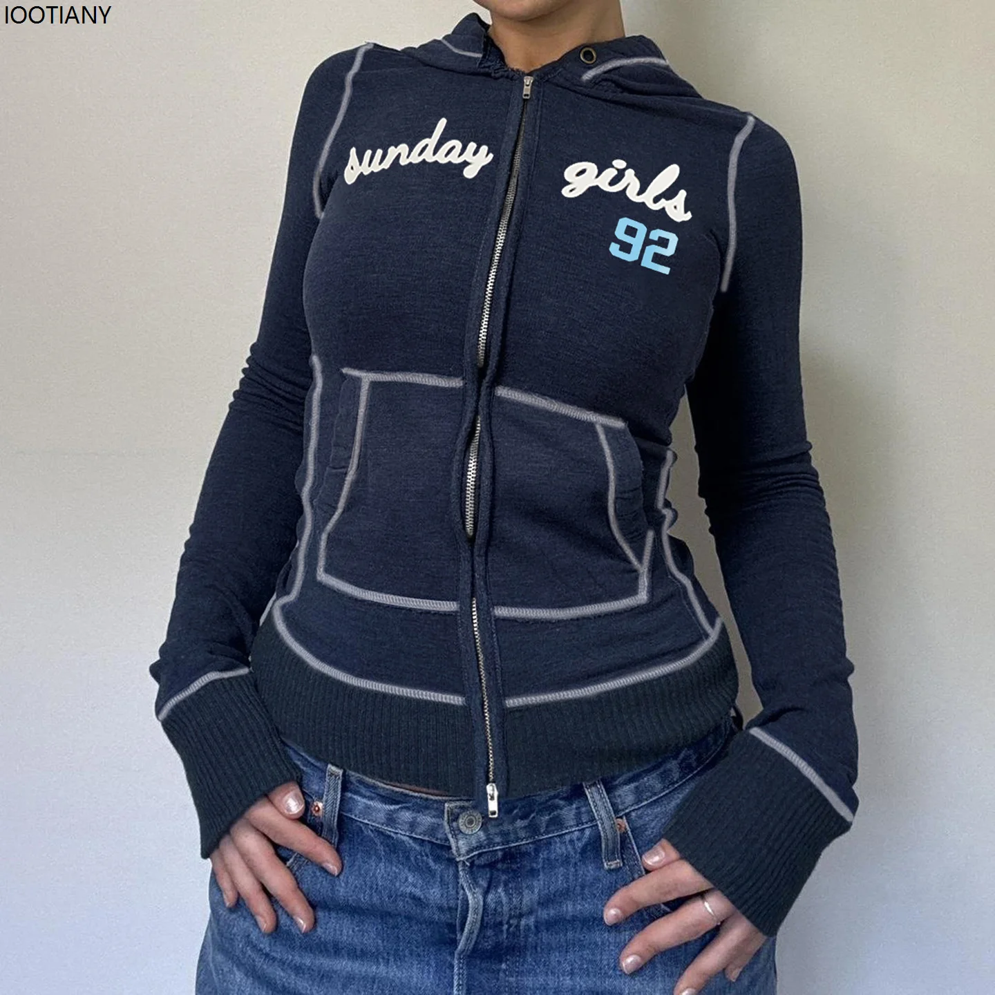 

Retro Street Style Patchwork Design Sweatshirt Jacket Y2k High Street Girls Slim Letter Print Casual Hooded Collar Cardigan Top