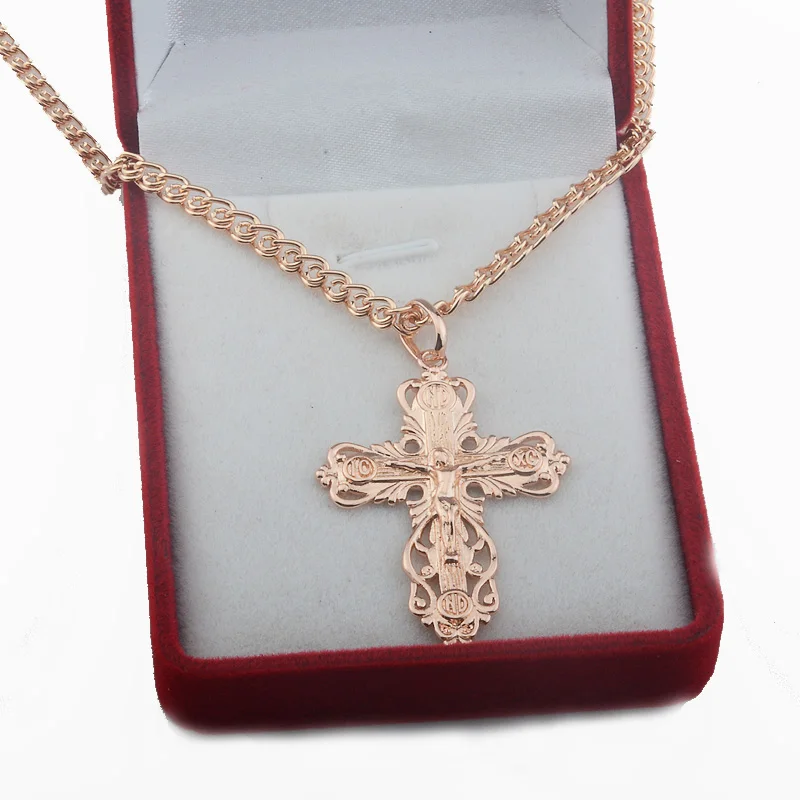 FJ New 5 Style Red Stone/White Religion Cross Women Unisex 585 Rose Gold Color Necklace Jewelry