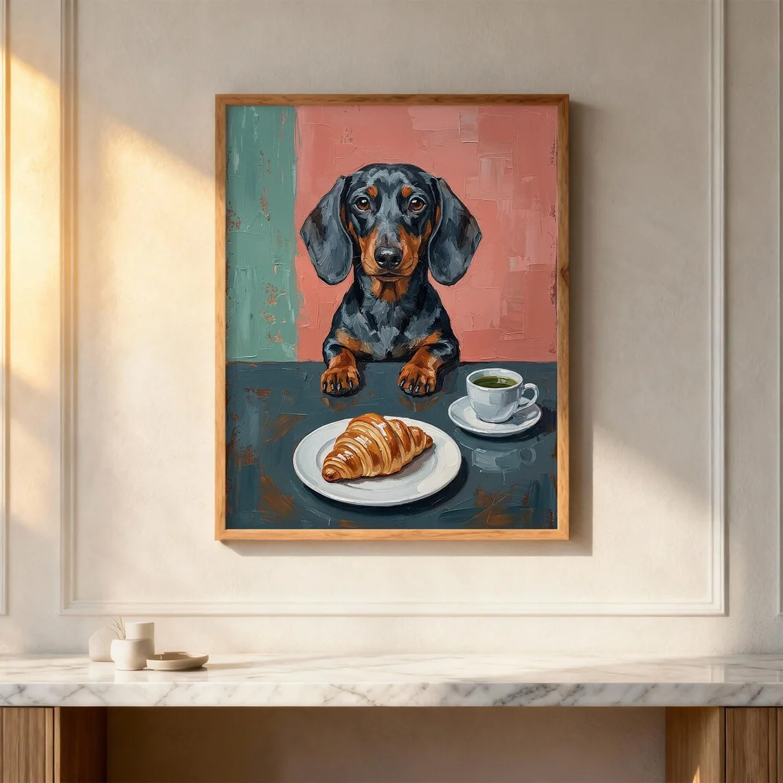 Chic Café Dachshund Wall Art - Playful Print Celebrating Morning Luxury. The Retro Color Block Backdrop and Flaky Croissant Crea