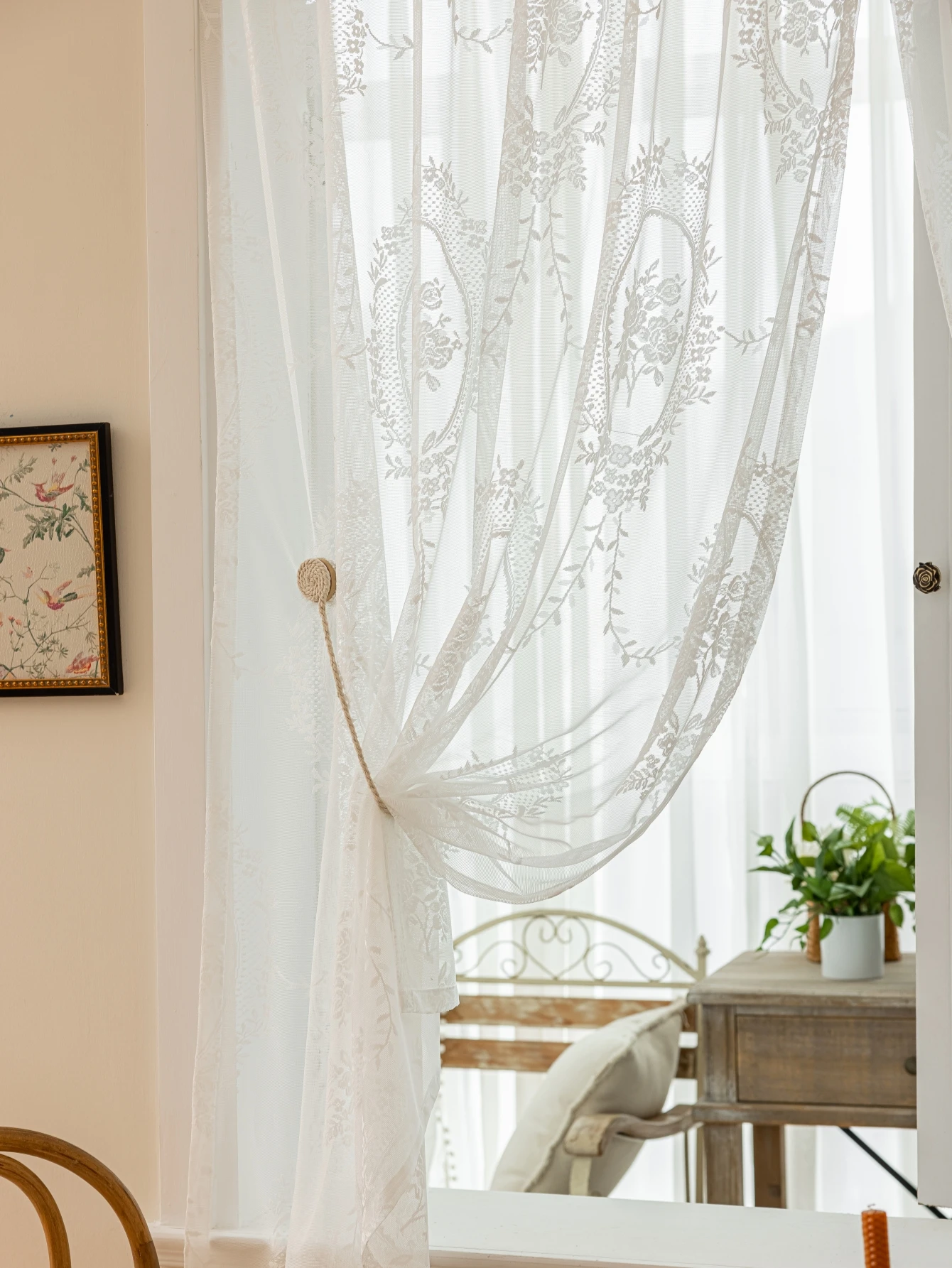 Lace Curtains White Flower Embroidered Single Panel No Drill Hook And Loop Fastener kitchen curtains Sheer Curtain Romantic