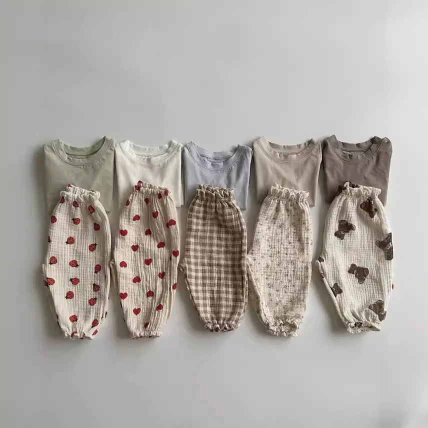 2024 New Summer Baby Pants Korean Kids Spring Organic Cotton Loose Tiger Bear Floral Print Pants Boys And Girls Lantern Trousers