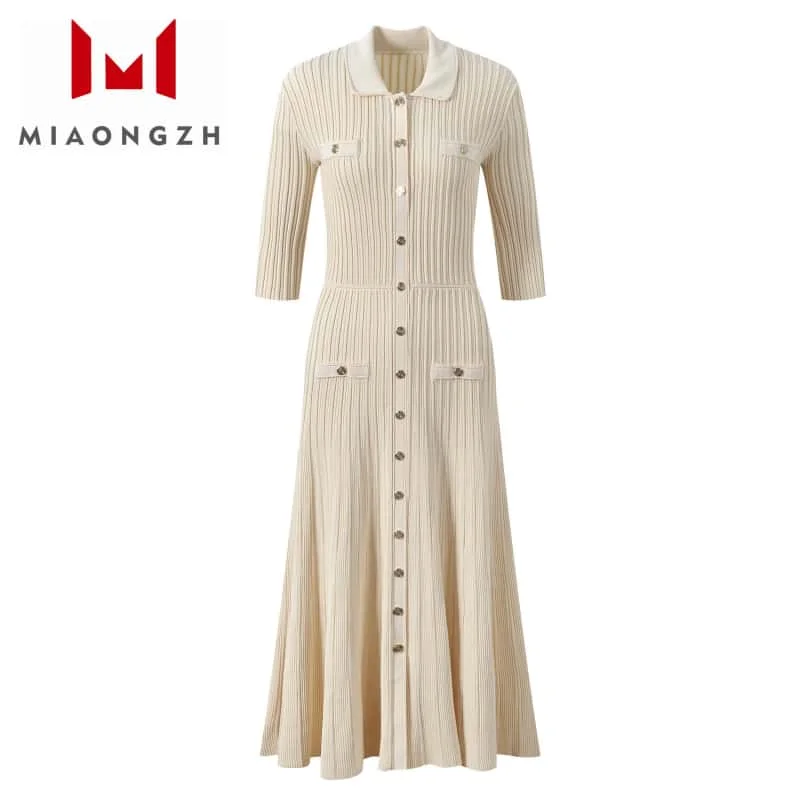 

Solid Color Elegant Knitted Dresses For Women Turn Down Collar Three Quarter 2025 Spring New High Waist Female Fashion Clothing