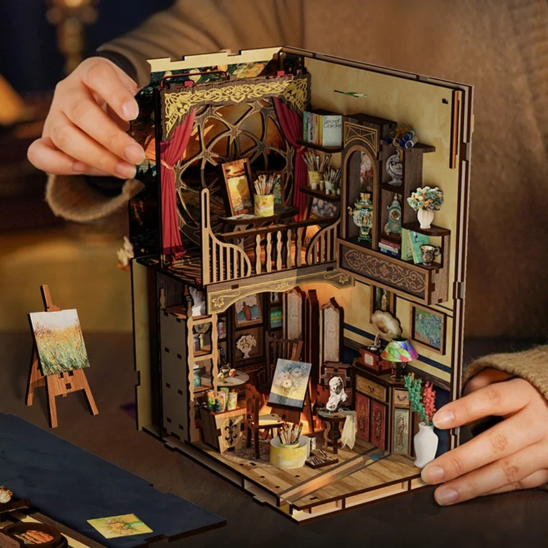 Kits d'insertion d'étagère de coin de livre de bricolage Un monde dans le cadre Bibliothèque Kit de modèle miniature en bois Serre-livres fait à la main pour cadeaux d'amis