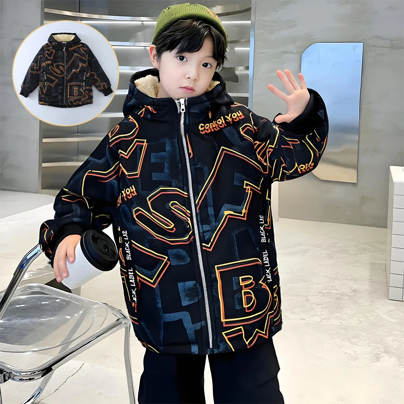 Children's autumn and winter down jacket with thickened lining; handsome and high-quality parka coat.4-15year