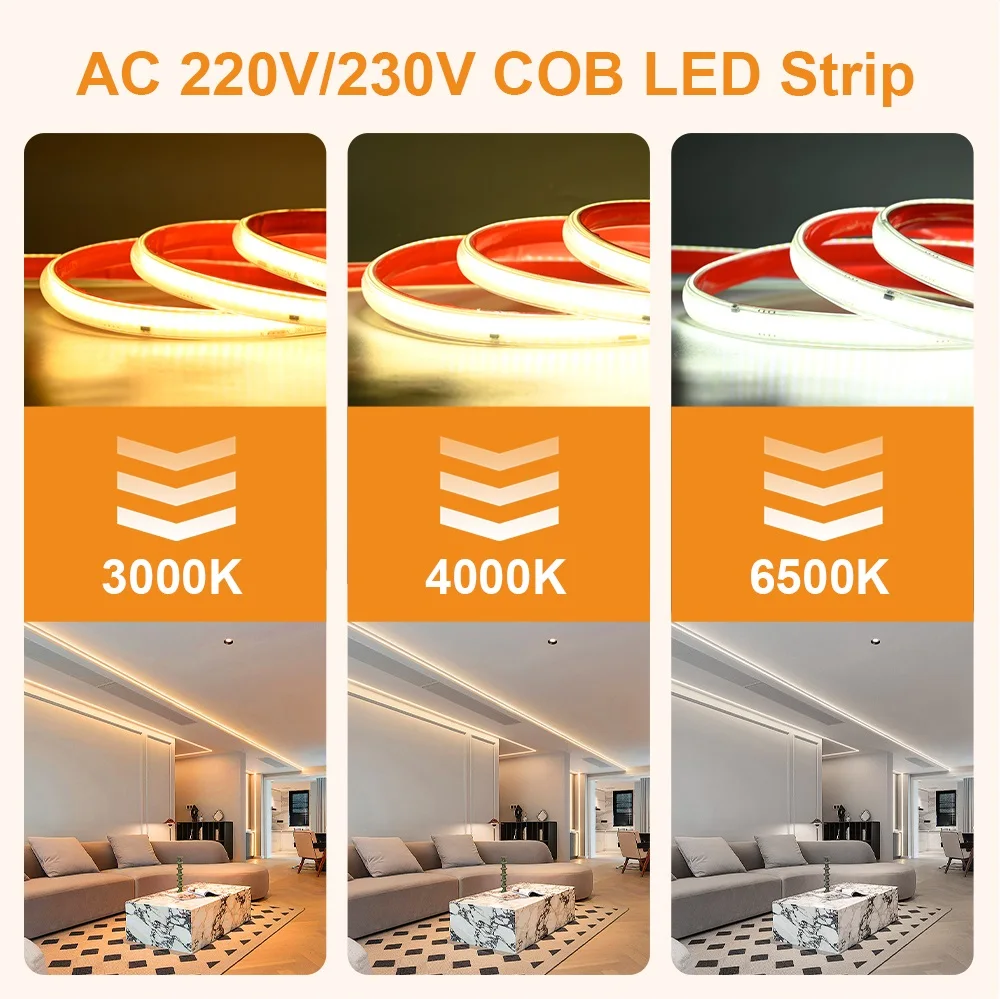 AC 220 V IP65 wasserdichte COB-LED-Streifenlichter, superhell, 296 LEDs/m, flexibles LED-Band mit EU-Stecker, 230 V, lineare Außenbeleuchtung – Detail 4
