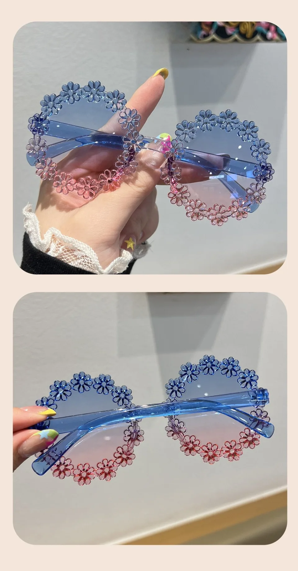 Blumenförmige Sonnenbrille für Mädchen, stilvolle mehrfarbige Dekor-Sonnenbrille für Kinder, trendige neue süße Kinder-Sonnenbrille – Detail 12