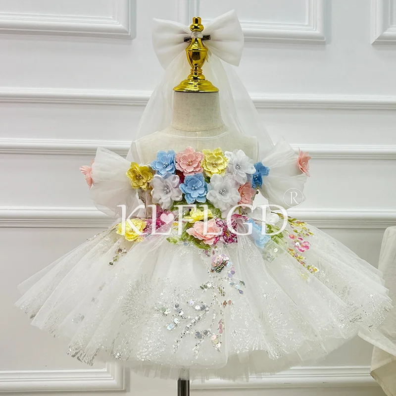 New white flower girl handmade haute couture wedding dress ornate elegant lace girl prom evening dress bleach festival costume