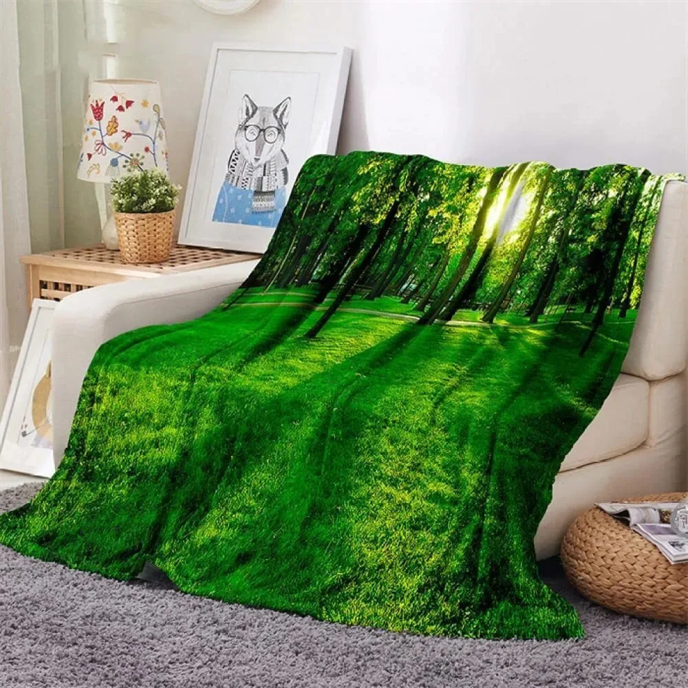 

Green forest scenery Printed Blanket for Sofa Bed Travel Camping Living Room Office Conditioning Blanket for All Seasons Gifts