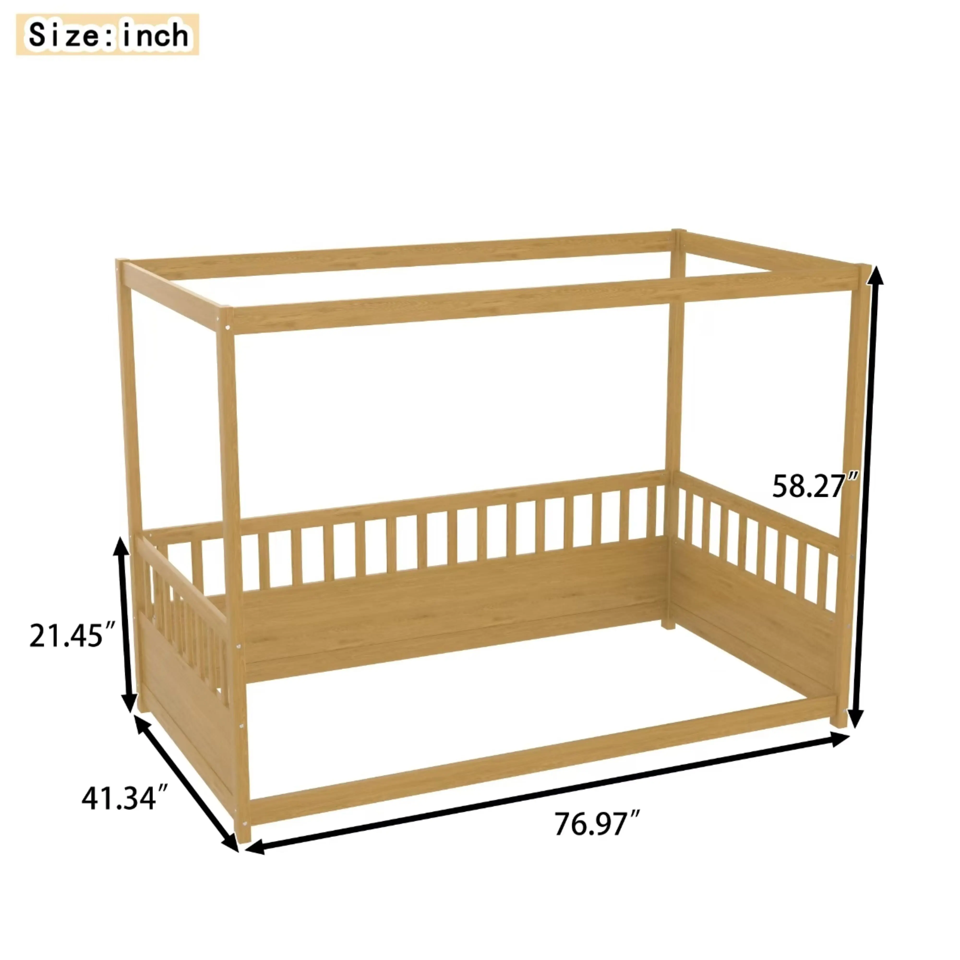Twin Size Wooden Canopy Floor Bed with Guardrails, Montessori Four Poster Bed Frame for Kids Boys Girls