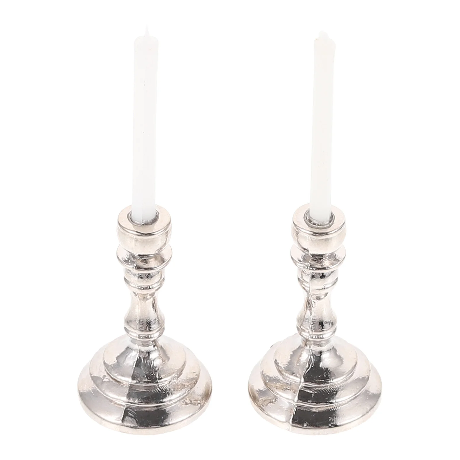 

2 Pcs Toy House Dollhouse Candles Candlesticks Mini Scene Props Iron Alloy Holders Decorate Silver Child
