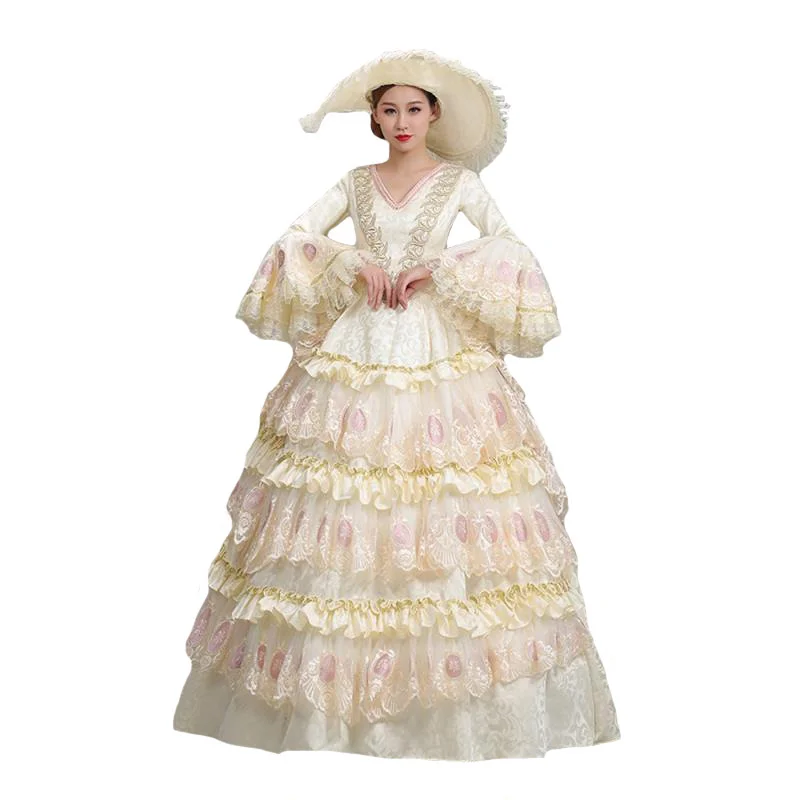 2021 Beige Costumes European-style Court Clothes Elegant Retro Lady Party Dress Group Party Show Catwalk Women Theater Costume