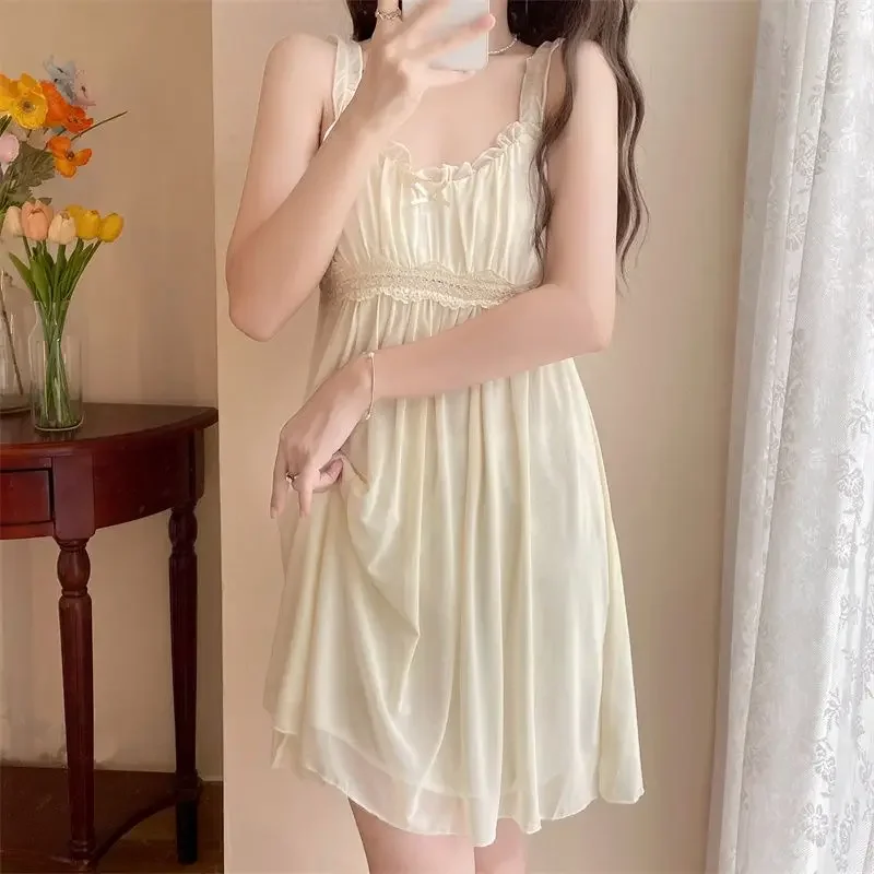 

Summer Fairy Yellow Night Dress Sweet Mesh Sleeveless Nightdress Princess Sleepwear Nightwear Women Lace Round Neck Nightgown