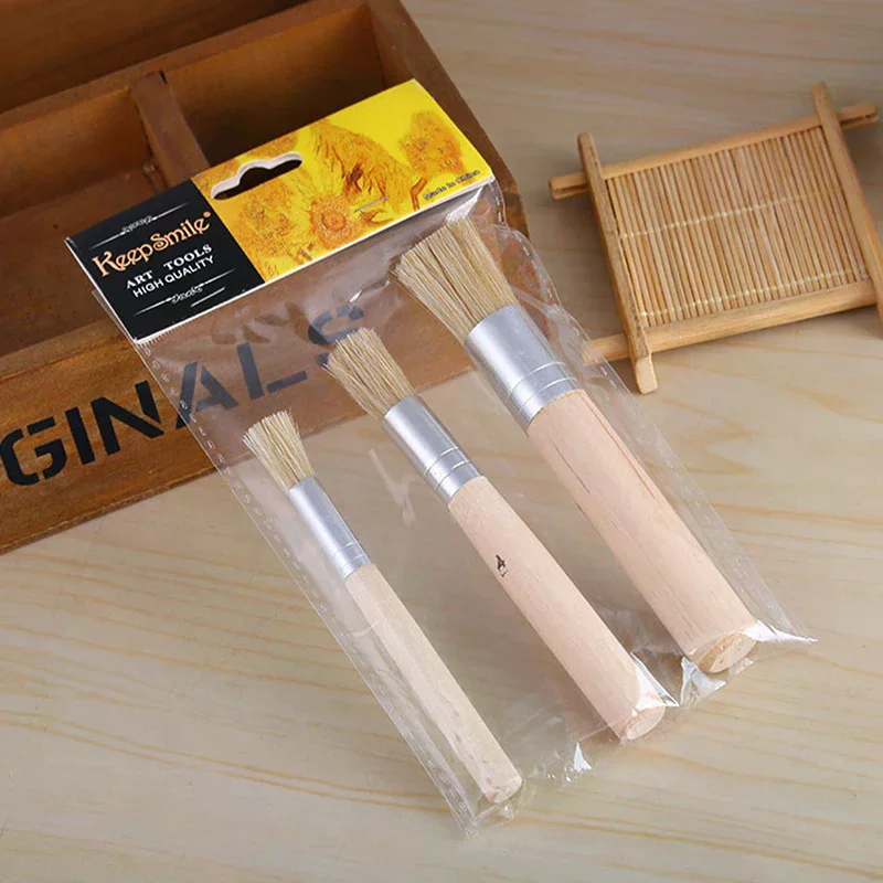 3PCS Set Wooden Stencil Brush Chalk Paint Natural Pure Hog Bristle brush Round