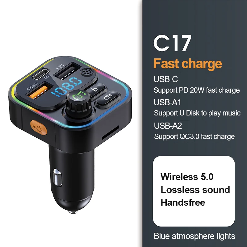 Bluetooth 5.0 Fm-zender Handsfree Autoradio Modulator MP3-speler met 22,5 W USB Super Quick Charge Adapter voor auto - afbeelding 1