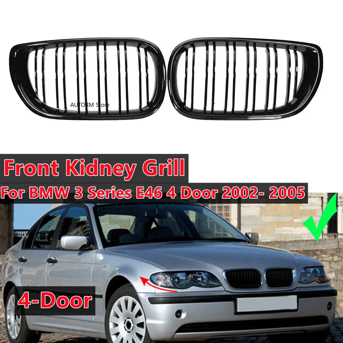 

Pair Car Front Kidney Grill Gloss Black Double Slat Hood Grille Racing Grills For BMW 3 Series E46 4 Door 2002-2005 Replacement