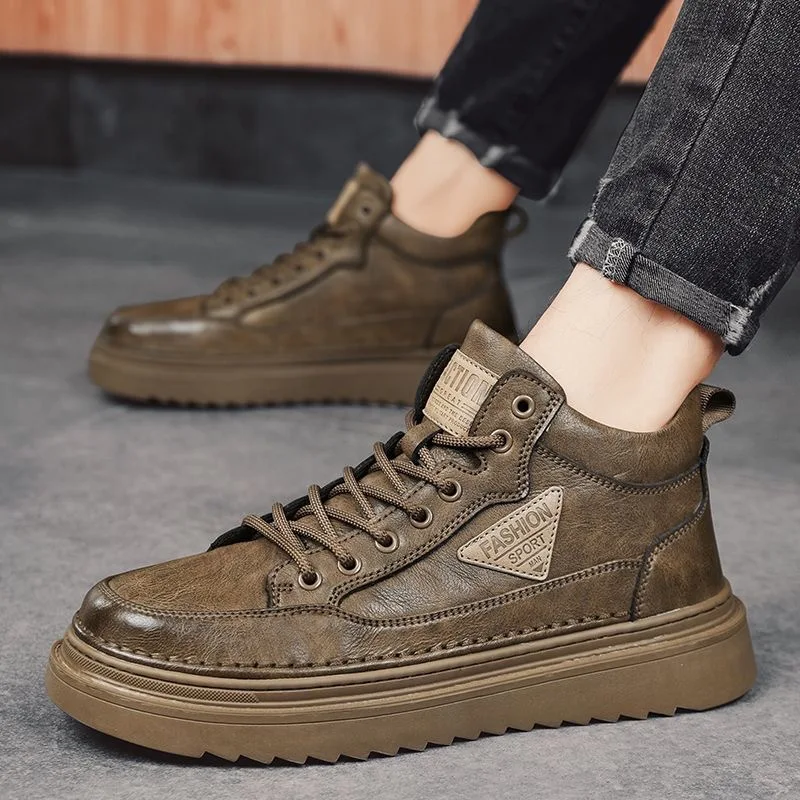 Men's Boots Fashion Leather High-top Boots 2026New Casual Leather Sneakers Lace Up Ankle Boots for Men Non Slip Platform Booties
