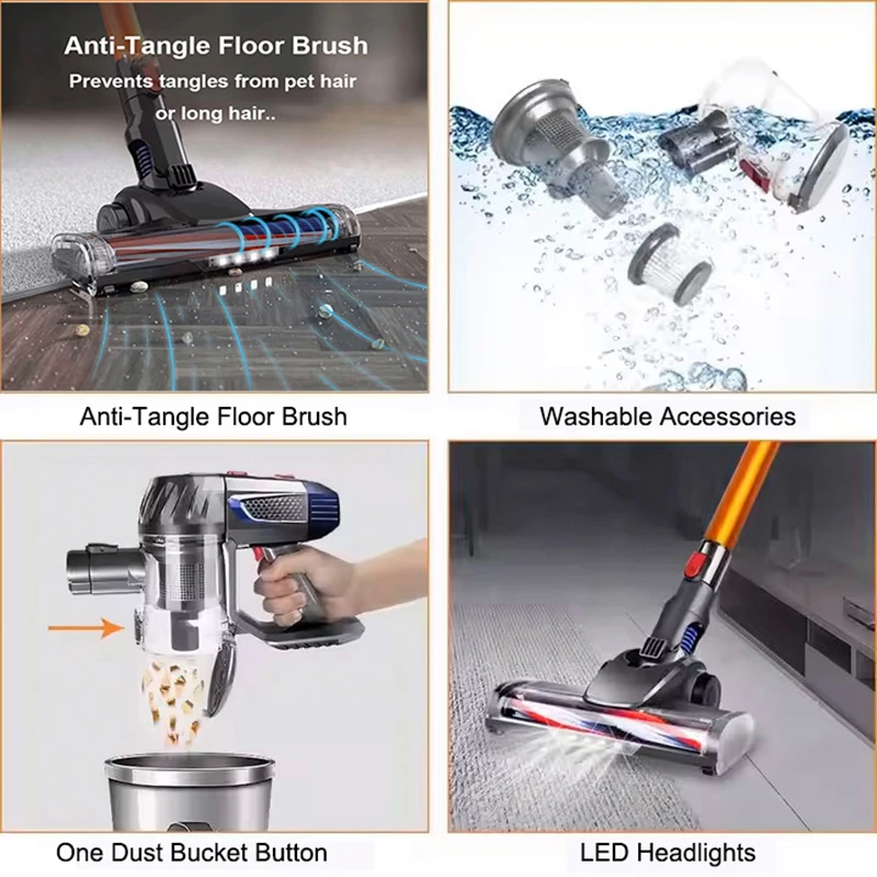 ワイヤレス家庭用掃除機,電気ほうき,強力な吸引,カーペットおよび寝具用,取り外し可能なバッテリー,20kpa