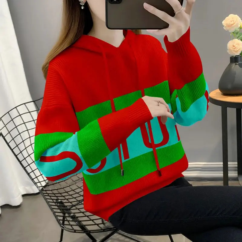 2023 New Autumn Winter Hooded Sweater Women's Fashion Knitwear Loose Casual Comfortable Versatile Colorful Hooded Top