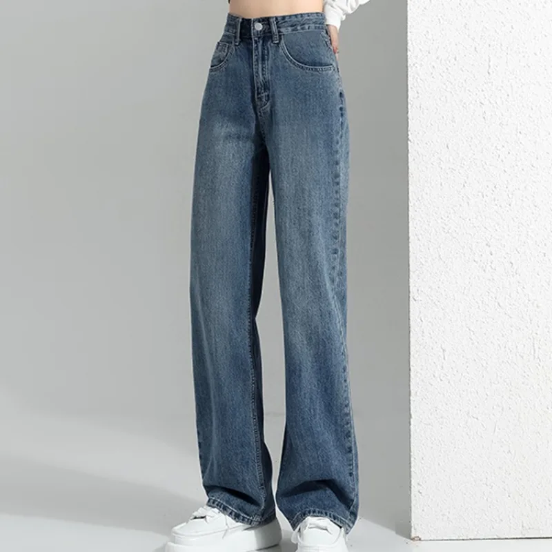 

Y2K Straight Leg Curved Jeans Women American Style Spring Pants Fashionable Blue Loose Wide Leg