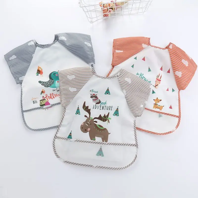 Boys Girls Infant Toddler Baby Smock Feeding Accessories Waterproof Cartoon Short Sleeved Bib Burp Cloths Kids