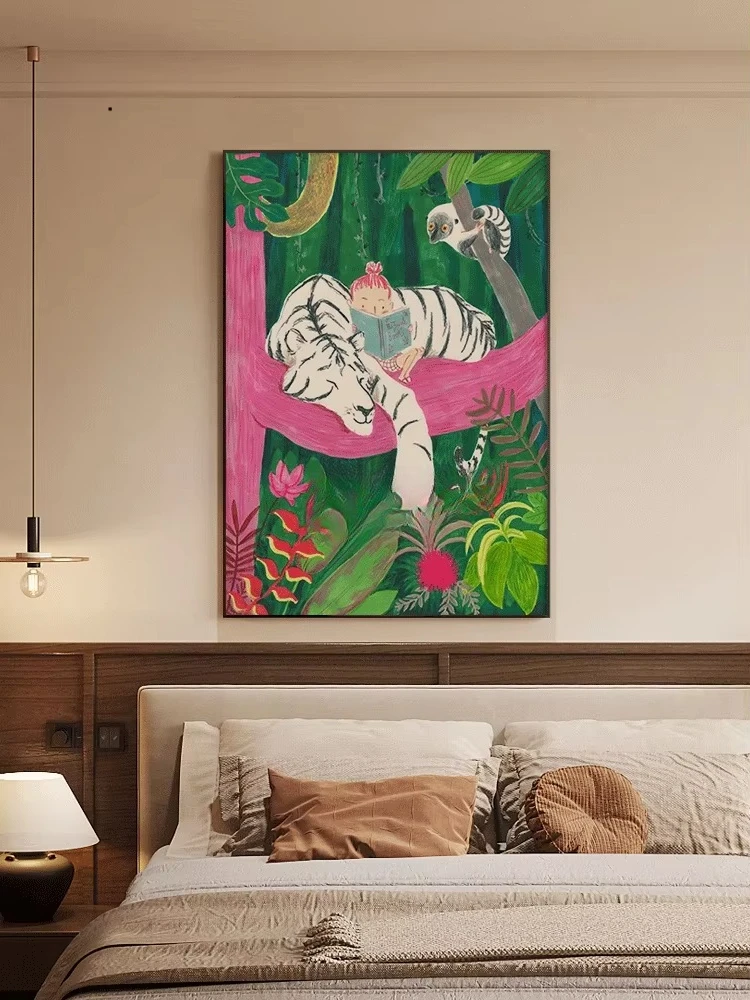 * Modern White Tiger Girl Warm Healing Room Decorative Painting Fabric Material 40x60cm