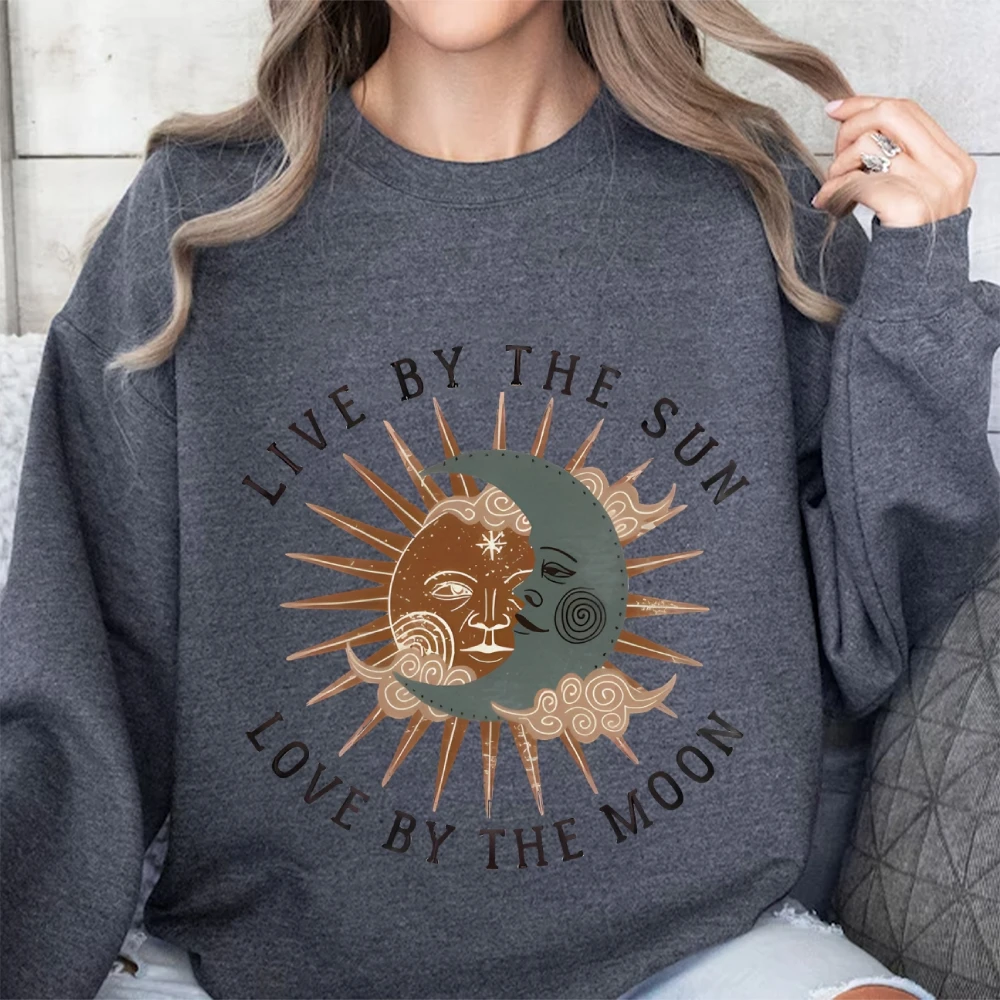 Women’s Sweatshirts Trendy Printed Hoodie Live By The Sun Love By The Moon Sweater Boho Moon Jumper Celestial Top For The Winter