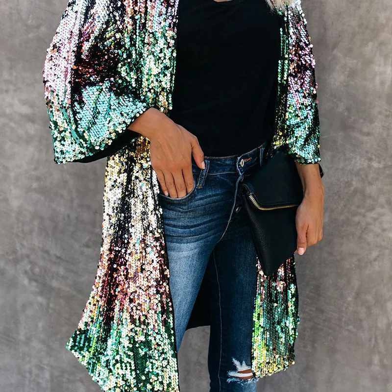 Bunte Pailletten Frauen Lange Stil Offene Knopfleiste Mantel Mit Futter Europäischen Mode Damen Lose Strickjacke Drei Viertel Ärmeln