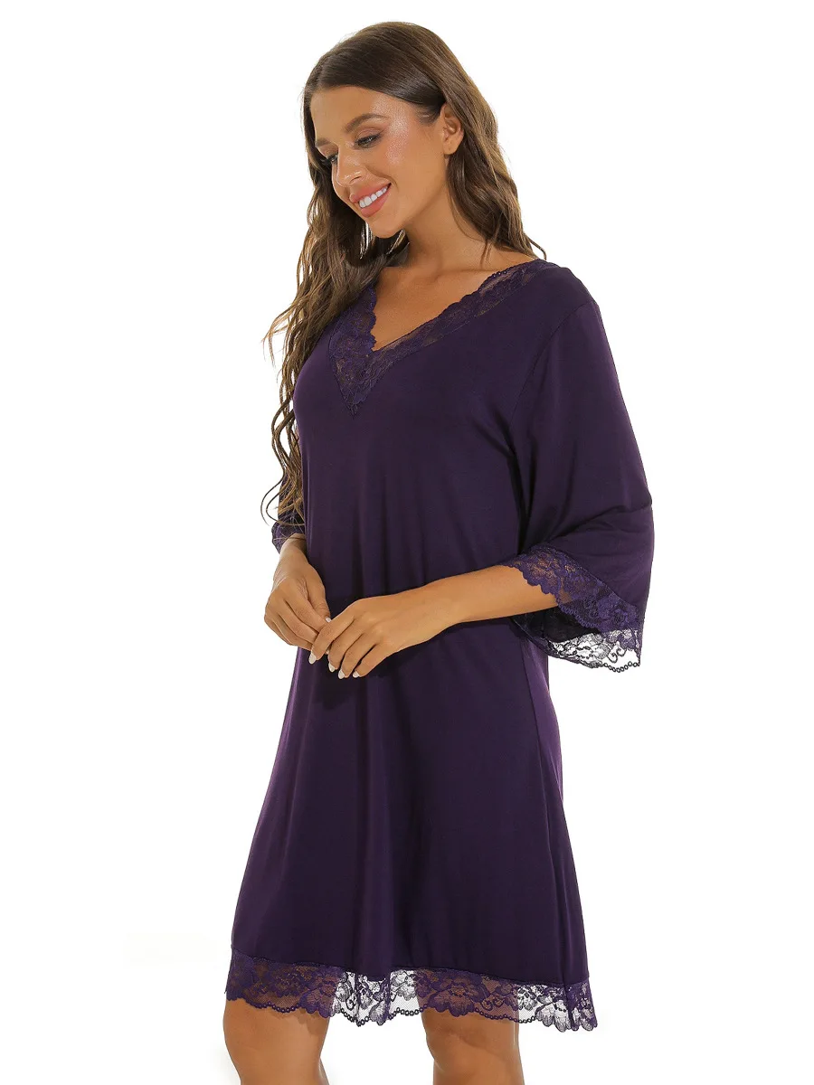 Women's Lace Sexy V-Neck Nightdress Solid Color Knitted Cotton Seven-Point Sleeve Sleepwear Medium Length Loose Casual Home Wear - Image 5