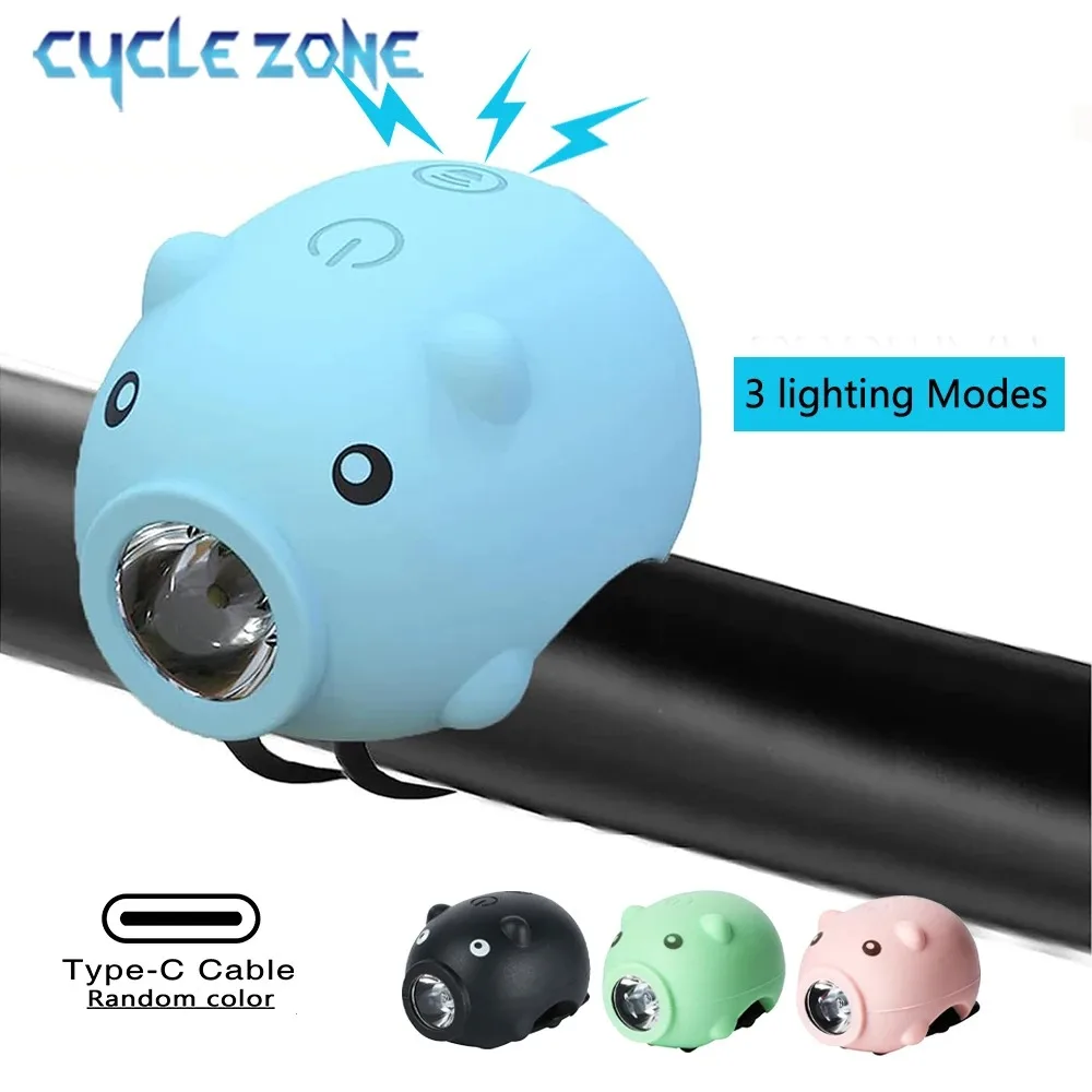 Cute Pig Bicycle Front Light with Horn Type‑C Rechargeable 3 Modes Headlight for Kids Bike Electric Scooter Night Riding Safety