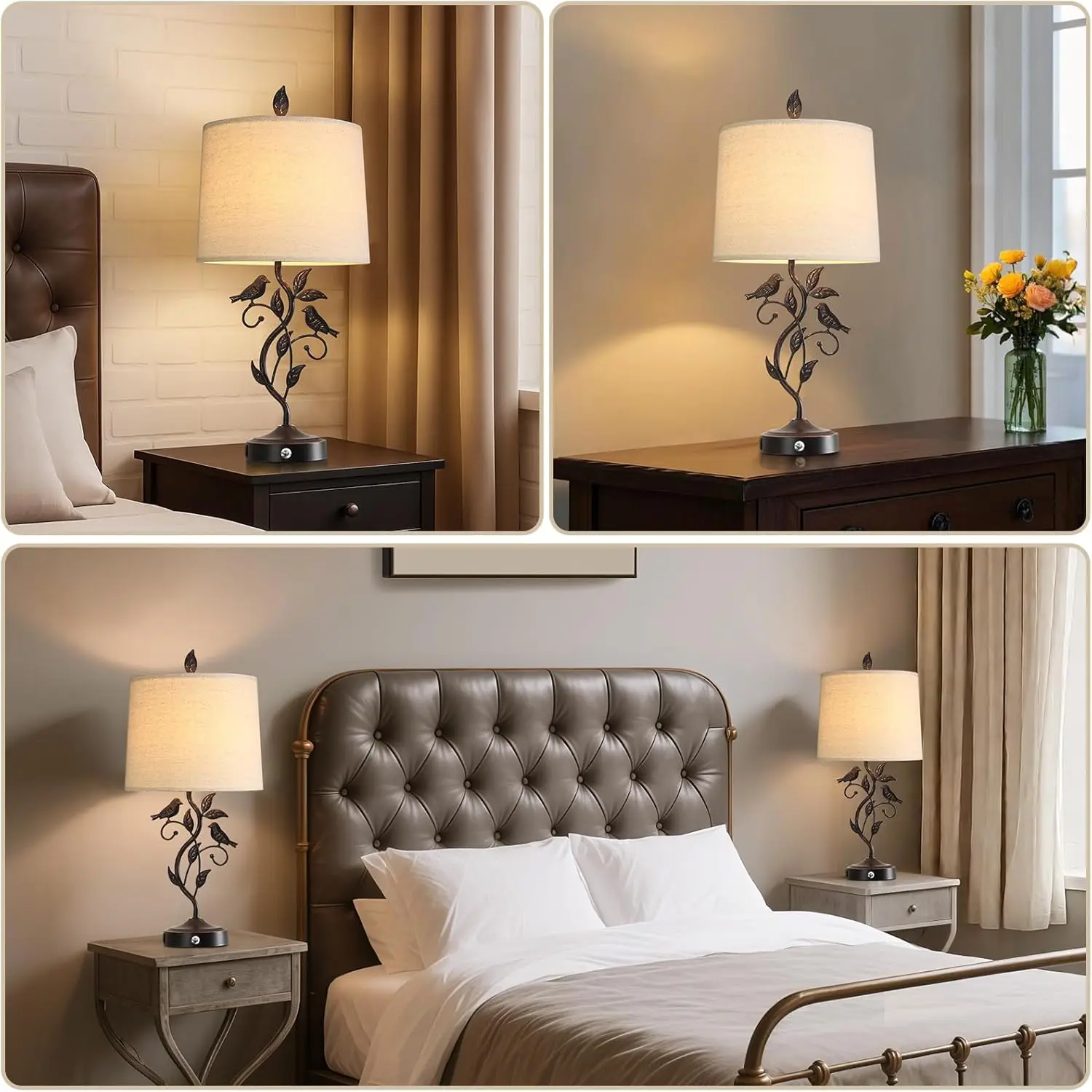 27' Touch Farmhouse Table Lamp with 3-Way Dimmer, 2 USB Ports, Vintage Iron Leaf LED Nightstand Lamp