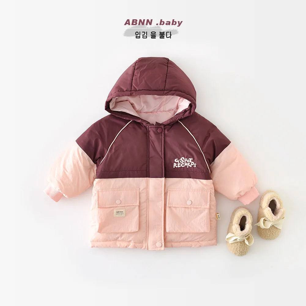 Winter Toddler Girls Jacket Casual Spliced Hooded Letter Pocket Thickened Baby Girls Cotton Padded Coat Children Girls Parkas