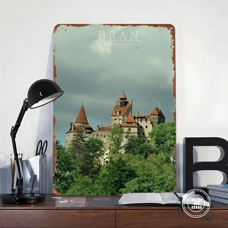 Romania Bran Castle Tin Plaque Poster Customized Wall Art Retro Vintage Metal Signs for Room Decoration Home Decorations House