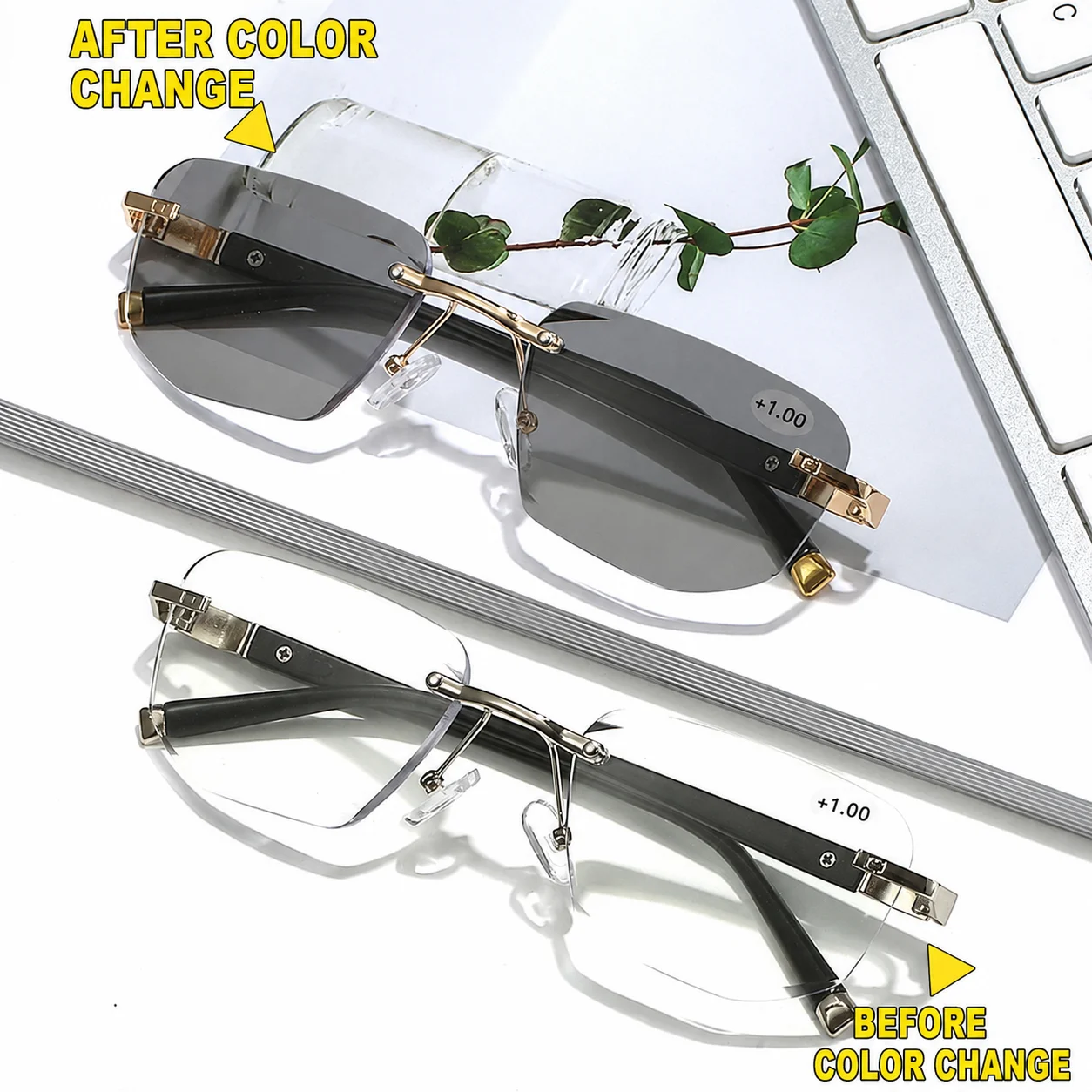 Progressive Multifocal Reading Glasses Rimless Metal Frame Blue Light Blocking Photochromic Eyeglasses+1.0+1.5+2.0+2.5+3.0+3.5+4