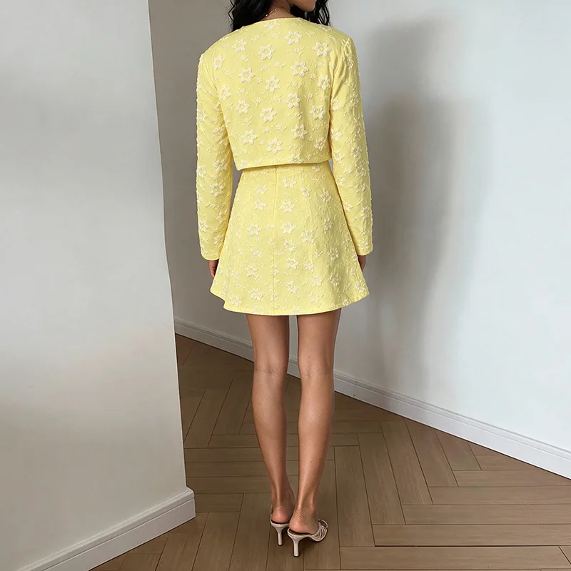 Chic Autumn Texture Short Jackets Outwear Dress Sets Mini Outfits Jacquard Two-piece Set Fresh and Sweet A Version Dress Y2K