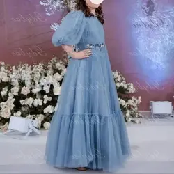 Gray-blue Tulle Short Puff Sleeves Flower Girl Dress Ruffles Pleated Floor Length Sashes Junior Concert Gown Customized