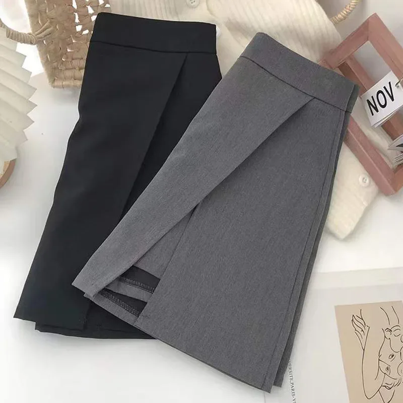 Faldas negras y grises para mujer, minifalda dividida de cintura alta de estilo coreano, pantalones cortos informales sencillos para oficina, faldas para mujer