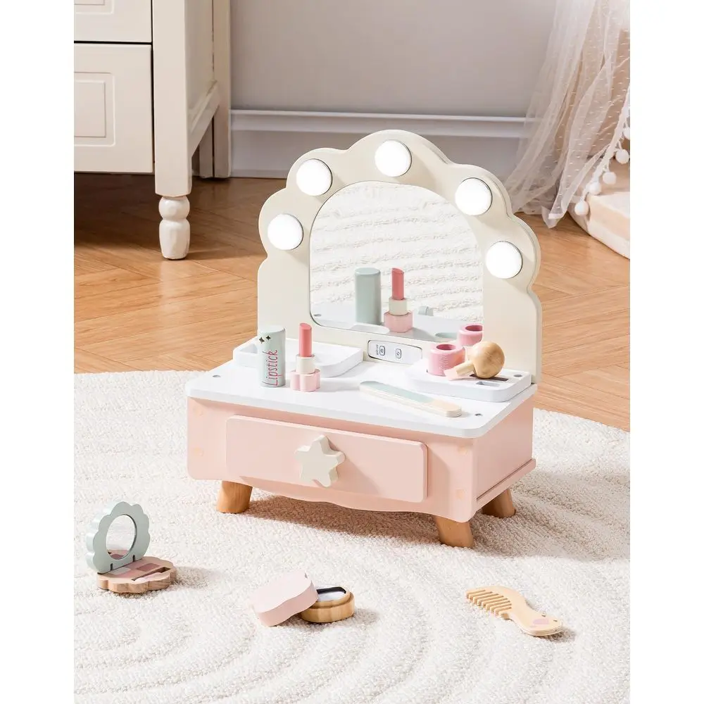 Wooden Makeup Set Girls, Kids Pink Dressing Table Vanity Set, Shell Shaped Mirror with Light, Toddler Pretend Play Wooden Cosme