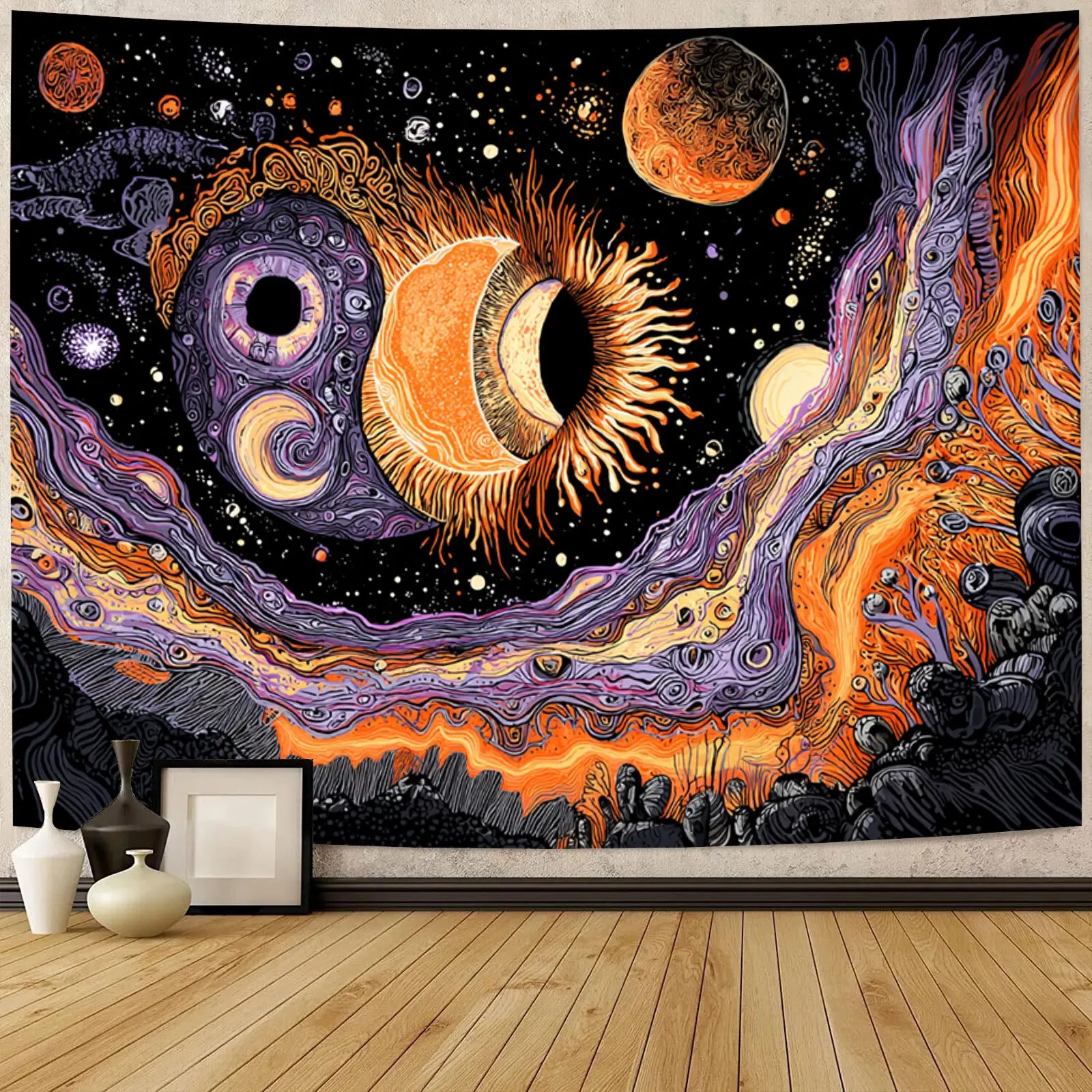 Psychedelic Space Tapestry, Cosmic Yin Yang Sun Moon Wall Hanging for Bedroom Dorm Decor, Trippy Galaxy Art Gift