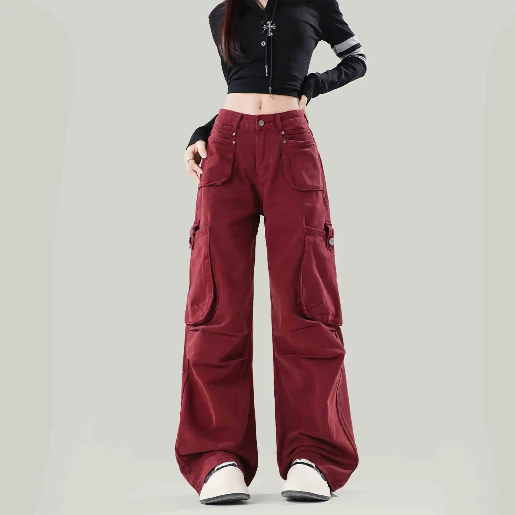 Vintage Red Cargo Jeans Women Streetwear Fashion Korean Style Burgundy Baggy Punk Pants Multi-Pocket Trousers y2k pants