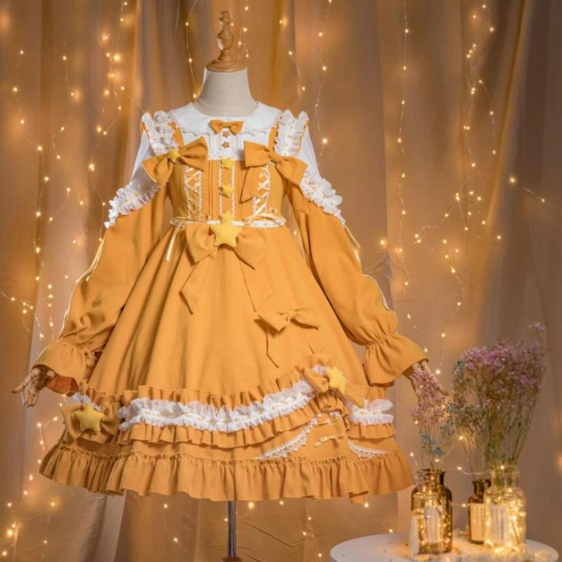 Originale giapponese dolce Lolita Op abito da donna carino piccola stella volant manica lunga abito da principessa femminile Kawaii Tea Party Dress