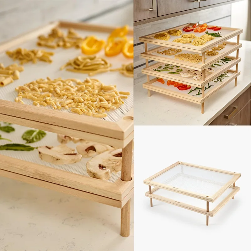 Wooden Pasta Herb Drying Rack 1/2-Tier Food-Dryer Holder Multipurpose Stackable Food Storage Rack Kitchen Organizer Supplies