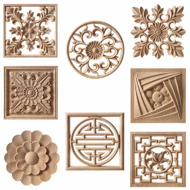 Unique Natural Wood Carved Onlay Floral Wooden Figurines Crafts Corner Appliques Frame Door Furniture Decorative Wood Carving